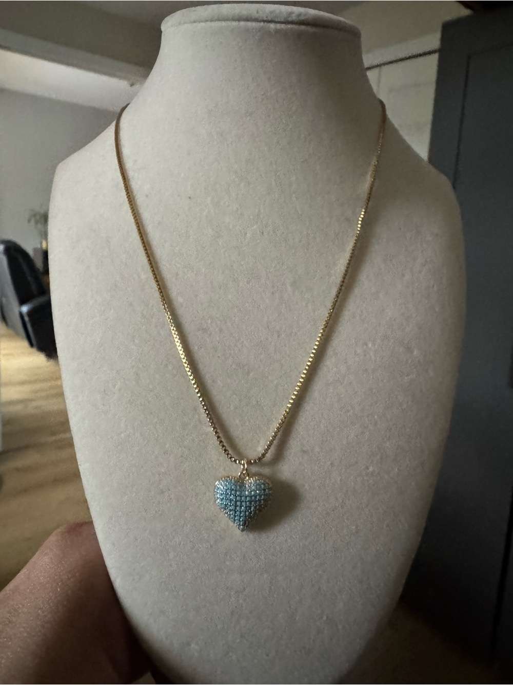 Gold Chain Necklace with Light Blue Pave Heart Pendant - Women Jewelry